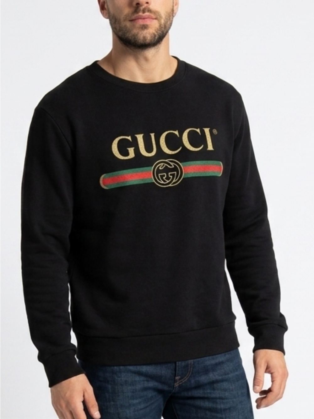Gucci Black Crewneck Sweatshirt with Gold Logo and Red-Green Stripe